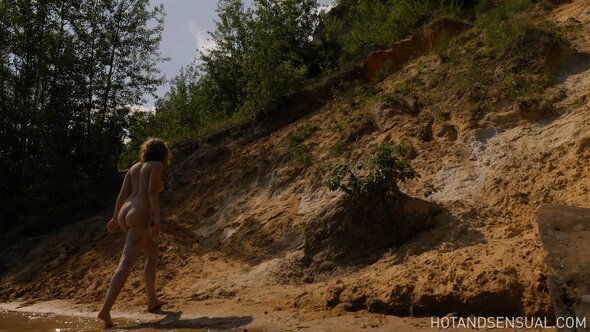 Big silicone boobs solo after nude lake swimming